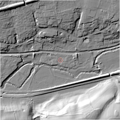 Shaded relief map of the ground around GL54BP, computed from Environment Agency LiDAR. The ground here sits at about 32 m above sea level and falls 38 m across the surrounding 800 m. Surface water reaching this point runs off ground lying to the east-north-east, 1.0 m higher.