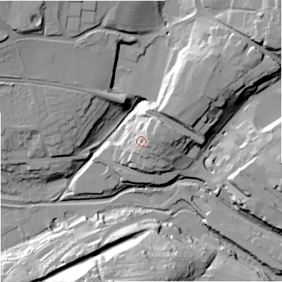 Shaded relief map of the ground around GL54EP, computed from Environment Agency LiDAR. The ground here sits at about 53 m above sea level and falls 36 m across the surrounding 800 m. Surface water reaching this point runs off ground lying to the east, 8.7 m higher.