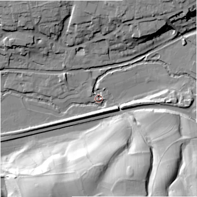 Shaded relief map of the ground around GL54FP, computed from Environment Agency LiDAR. The ground here sits at about 32 m above sea level and falls 40 m across the surrounding 800 m. Surface water reaching this point runs off ground lying to the east, 11.9 m higher.