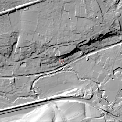 Shaded relief map of the ground around GL54LE, computed from Environment Agency LiDAR. The ground here sits at about 36 m above sea level and falls 23 m across the surrounding 800 m. Surface water reaching this point runs off ground lying to the north, 9.0 m higher.