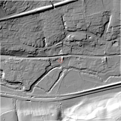 Shaded relief map of the ground around GL54TR, computed from Environment Agency LiDAR. The ground here sits at about 31 m above sea level and falls 37 m across the surrounding 800 m. Surface water reaching this point runs off ground lying to the north-east, 4.2 m higher.
