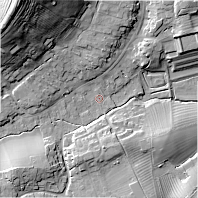 Shaded relief map of the ground around GL556BS, computed from Environment Agency LiDAR. The ground here sits at about 139 m above sea level and falls 49 m across the surrounding 800 m. Surface water reaching this point runs off ground lying to the north-west, 43.3 m higher.