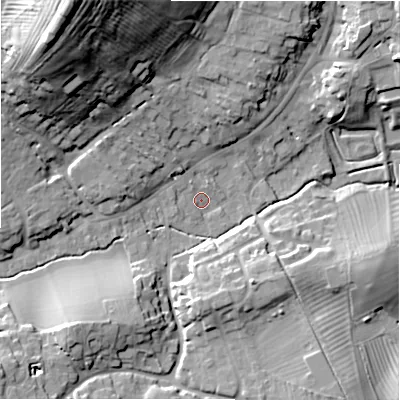 Shaded relief map of the ground around GL556BW, computed from Environment Agency LiDAR. The ground here sits at about 139 m above sea level and falls 47 m across the surrounding 800 m. Surface water reaching this point runs off ground lying to the north-west, 37.8 m higher.