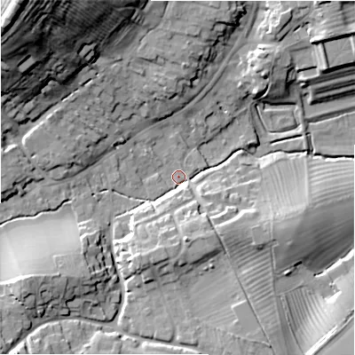 Shaded relief map of the ground around GL556DA, computed from Environment Agency LiDAR. The ground here sits at about 139 m above sea level and falls 46 m across the surrounding 800 m. Surface water reaching this point runs off ground lying to the north-west, 37.8 m higher.