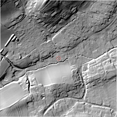 Shaded relief map of the ground around GL556DU, computed from Environment Agency LiDAR. The ground here sits at about 142 m above sea level and falls 38 m across the surrounding 800 m. Surface water reaching this point runs off ground lying to the north-north-west, 33.7 m higher.