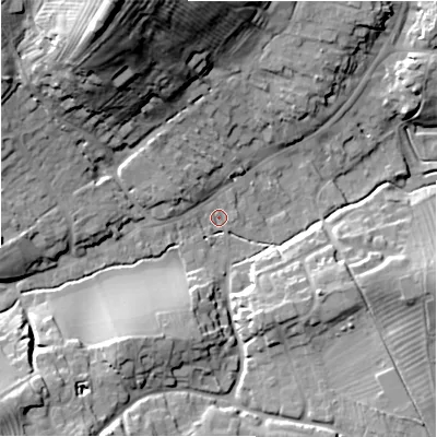 Shaded relief map of the ground around GL556DX, computed from Environment Agency LiDAR. The ground here sits at about 140 m above sea level and falls 44 m across the surrounding 800 m. Surface water reaching this point runs off ground lying to the north-west, 7.2 m higher.