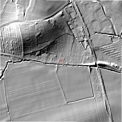 Shaded relief map of the ground around GL556LA, computed from Environment Agency LiDAR. The ground here sits at about 119 m above sea level and falls 25 m across the surrounding 800 m. Surface water reaching this point runs off ground lying to the north-west, 19.3 m higher.