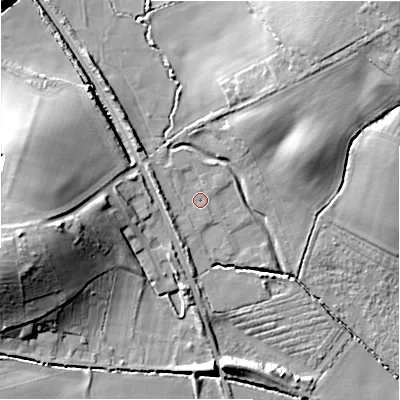Shaded relief map of the ground around GL556LD, computed from Environment Agency LiDAR. The ground here sits at about 118 m above sea level and falls 29 m across the surrounding 800 m. Surface water reaching this point runs off ground lying to the north-west, 1.6 m higher.