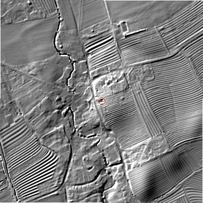 Shaded relief map of the ground around GL556QQ, computed from Environment Agency LiDAR. The ground here sits at about 75 m above sea level and falls 21 m across the surrounding 800 m. Surface water reaching this point runs off ground lying to the east, 6.0 m higher.