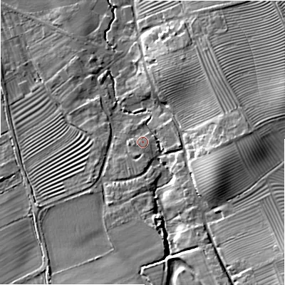 Shaded relief map of the ground around GL556QR, computed from Environment Agency LiDAR. The ground here sits at about 75 m above sea level and falls 24 m across the surrounding 800 m. Surface water reaching this point runs off ground lying to the south-south-west, 1.0 m higher.