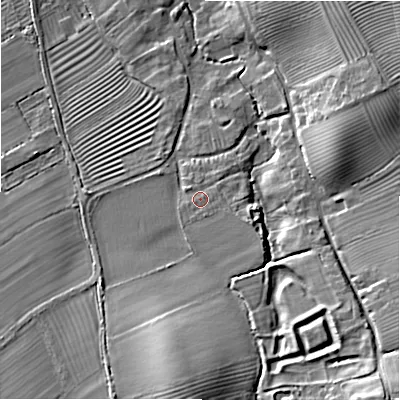 Shaded relief map of the ground around GL556QW, computed from Environment Agency LiDAR. The ground here sits at about 78 m above sea level and falls 26 m across the surrounding 800 m. Surface water reaching this point runs off ground lying to the south-east, 3.8 m higher.