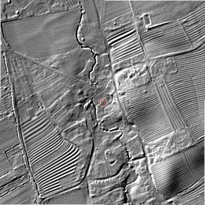 Shaded relief map of the ground around GL556QZ, computed from Environment Agency LiDAR. The ground here sits at about 71 m above sea level and falls 21 m across the surrounding 800 m. Surface water reaching this point runs off ground lying to the east-south-east, 16.4 m higher.