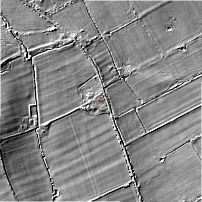Shaded relief map of the ground around GL556SF, computed from Environment Agency LiDAR. The ground here sits at about 59 m above sea level and falls 10 m across the surrounding 800 m. Surface water reaching this point runs off ground lying to the south-east, 1.1 m higher.