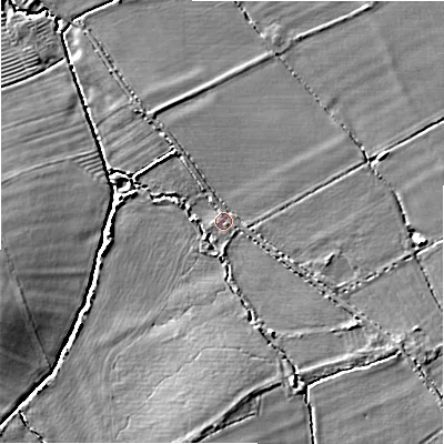 Shaded relief map of the ground around GL556SH, computed from Environment Agency LiDAR. The ground here sits at about 53 m above sea level and falls 11 m across the surrounding 800 m. Surface water reaching this point runs off ground lying to the south, 6.4 m higher.