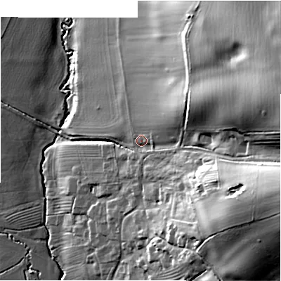 Shaded relief map of the ground around GL556XT, computed from Environment Agency LiDAR. The ground here sits at about 112 m above sea level and falls 44 m across the surrounding 800 m. Surface water reaching this point runs off ground lying to the east-north-east, 31.9 m higher.