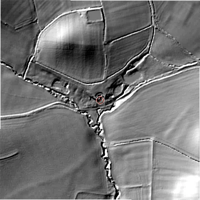 Shaded relief map of the ground around GL556YA, computed from Environment Agency LiDAR. The ground here sits at about 107 m above sea level and falls 24 m across the surrounding 800 m. Surface water reaching this point runs off ground lying to the north, 4.5 m higher.