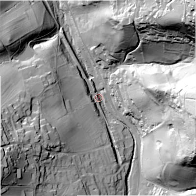 Shaded relief map of the ground around GL55BQ, computed from Environment Agency LiDAR. The ground here sits at about 44 m above sea level and falls 112 m across the surrounding 800 m. Surface water reaching this point runs off ground lying to the east, 90.2 m higher.