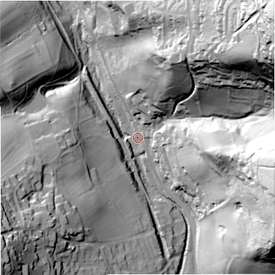 Shaded relief map of the ground around GL55EF, computed from Environment Agency LiDAR. The ground here sits at about 43 m above sea level and falls 114 m across the surrounding 800 m. Surface water reaching this point runs off ground lying to the east-south-east, 92.0 m higher.