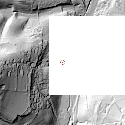 Shaded relief map of the ground around GL55EQ, computed from Environment Agency LiDAR. and falls 87 m across the surrounding 800 m.