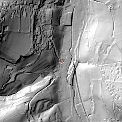 Shaded relief map of the ground around GL55ES, computed from Environment Agency LiDAR. The ground here sits at about 48 m above sea level and falls 91 m across the surrounding 800 m. Surface water reaching this point runs off ground lying to the west-north-west, 84.9 m higher.