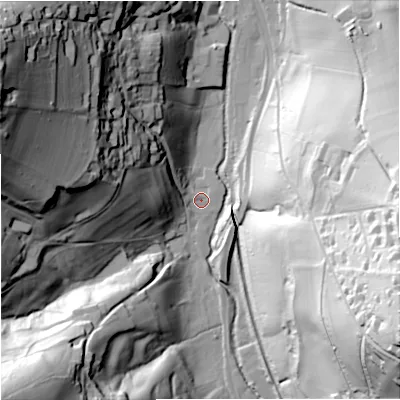 Shaded relief map of the ground around GL55ET, computed from Environment Agency LiDAR. The ground here sits at about 48 m above sea level and falls 86 m across the surrounding 800 m. Surface water reaching this point runs off ground lying to the west-north-west, 80.7 m higher.