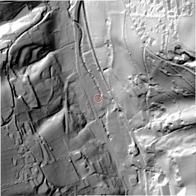 Shaded relief map of the ground around GL55EX, computed from Environment Agency LiDAR. The ground here sits at about 49 m above sea level and falls 105 m across the surrounding 800 m. Surface water reaching this point runs off ground lying to the east-north-east, 103.8 m higher.