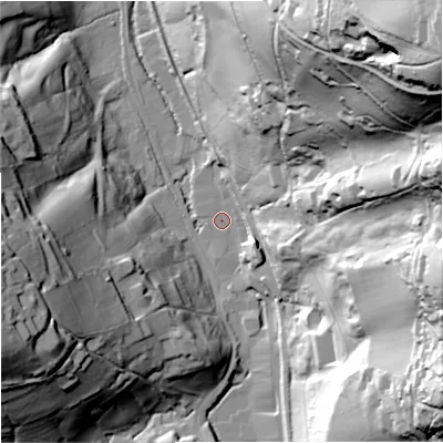Shaded relief map of the ground around GL55EY, computed from Environment Agency LiDAR. The ground here sits at about 51 m above sea level and falls 112 m across the surrounding 800 m. Surface water reaching this point runs off ground lying to the east-north-east, 79.0 m higher.