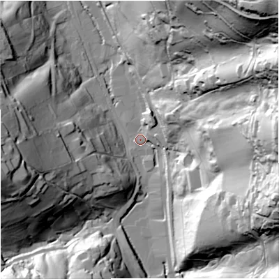 Shaded relief map of the ground around GL55EZ, computed from Environment Agency LiDAR. The ground here sits at about 52 m above sea level and falls 111 m across the surrounding 800 m. Surface water reaching this point runs off ground lying to the east, 79.1 m higher.