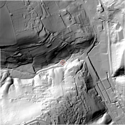 Shaded relief map of the ground around GL55HA, computed from Environment Agency LiDAR. The ground here sits at about 55 m above sea level and falls 96 m across the surrounding 800 m. Surface water reaching this point runs off ground lying to the south-south-west, 90.9 m higher.