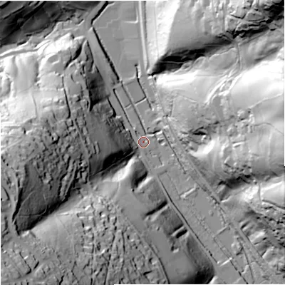 Shaded relief map of the ground around GL55HF, computed from Environment Agency LiDAR. The ground here sits at about 54 m above sea level and falls 101 m across the surrounding 800 m. Surface water reaching this point runs off ground lying to the south-west, 99.6 m higher.