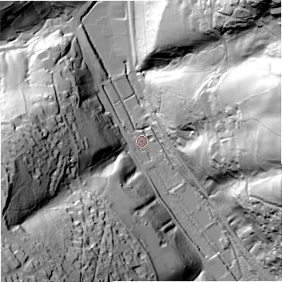 Shaded relief map of the ground around GL55HG, computed from Environment Agency LiDAR. The ground here sits at about 54 m above sea level and falls 98 m across the surrounding 800 m. Surface water reaching this point runs off ground lying to the south-west, 97.2 m higher.