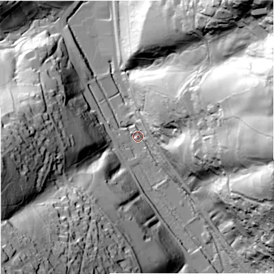 Shaded relief map of the ground around GL55HH, computed from Environment Agency LiDAR. The ground here sits at about 55 m above sea level and falls 95 m across the surrounding 800 m. Surface water reaching this point runs off ground lying to the south-west, 93.8 m higher.