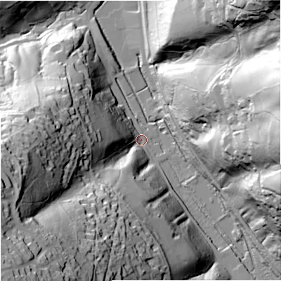 Shaded relief map of the ground around GL55HL, computed from Environment Agency LiDAR. The ground here sits at about 55 m above sea level and falls 102 m across the surrounding 800 m. Surface water reaching this point runs off ground lying to the south-west, 98.7 m higher.