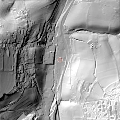 Shaded relief map of the ground around GL55HT, computed from Environment Agency LiDAR. The ground here sits at about 47 m above sea level and falls 95 m across the surrounding 800 m. Surface water reaching this point runs off ground lying to the south, 4.9 m higher.