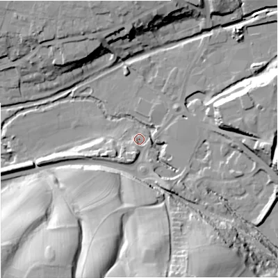 Shaded relief map of the ground around GL55JA, computed from Environment Agency LiDAR. The ground here sits at about 34 m above sea level and falls 39 m across the surrounding 800 m. Surface water reaching this point runs off ground lying to the south-south-west, 7.3 m higher.