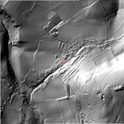 Shaded relief map of the ground around GL55LJ, computed from Environment Agency LiDAR. The ground here sits at about 97 m above sea level and falls 157 m across the surrounding 800 m. Surface water reaching this point runs off ground lying to the south-east, 105.3 m higher.