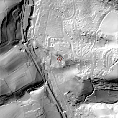 Shaded relief map of the ground around GL55NA, computed from Environment Agency LiDAR. The ground here sits at about 66 m above sea level and falls 96 m across the surrounding 800 m. Surface water reaching this point runs off ground lying to the east, 17.4 m higher.