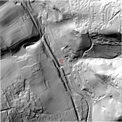 Shaded relief map of the ground around GL55ND, computed from Environment Agency LiDAR. The ground here sits at about 42 m above sea level and falls 103 m across the surrounding 800 m. Surface water reaching this point runs off ground lying to the east-north-east, 100.9 m higher.