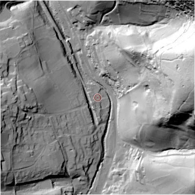 Shaded relief map of the ground around GL55NN, computed from Environment Agency LiDAR. The ground here sits at about 46 m above sea level and falls 115 m across the surrounding 800 m. Surface water reaching this point runs off ground lying to the south-west, 4.7 m higher.