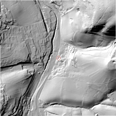 Shaded relief map of the ground around GL55NS, computed from Environment Agency LiDAR. The ground here sits at about 46 m above sea level and falls 123 m across the surrounding 800 m. Surface water reaching this point runs off ground lying to the east, 62.8 m higher.