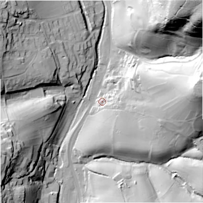 Shaded relief map of the ground around GL55NT, computed from Environment Agency LiDAR. The ground here sits at about 50 m above sea level and falls 112 m across the surrounding 800 m. Surface water reaching this point runs off ground lying to the east-south-east, 11.0 m higher.