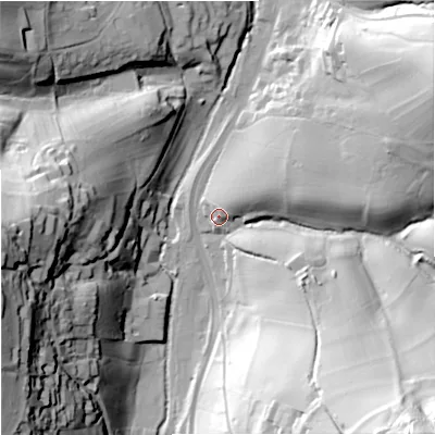 Shaded relief map of the ground around GL55NX, computed from Environment Agency LiDAR. The ground here sits at about 51 m above sea level and falls 78 m across the surrounding 800 m. Surface water reaching this point runs off ground lying to the north-north-east, 5.7 m higher.