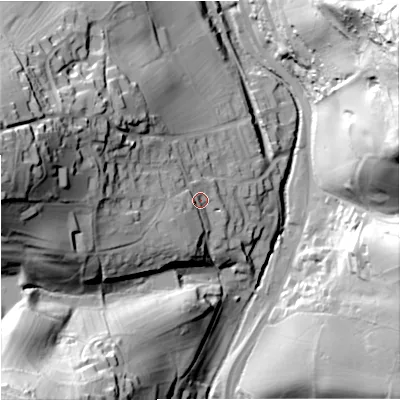 Shaded relief map of the ground around GL55PA, computed from Environment Agency LiDAR. The ground here sits at about 59 m above sea level and falls 76 m across the surrounding 800 m. Surface water reaching this point runs off ground lying to the west, 46.3 m higher.