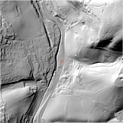 Shaded relief map of the ground around GL55PB, computed from Environment Agency LiDAR. The ground here sits at about 46 m above sea level and falls 123 m across the surrounding 800 m. Surface water reaching this point runs off ground lying to the north-east, 117.3 m higher.
