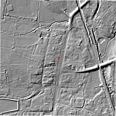 Shaded relief map of the ground around GL560AF, computed from Environment Agency LiDAR. The ground here sits at about 128 m above sea level and falls 10 m across the surrounding 800 m. Surface water reaching this point runs off ground lying to the south-west, 2.0 m higher.