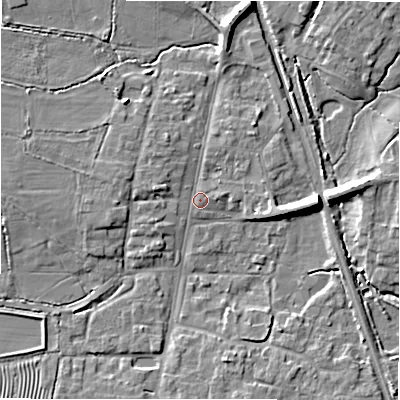 Shaded relief map of the ground around GL560AX, computed from Environment Agency LiDAR. The ground here sits at about 128 m above sea level and falls 10 m across the surrounding 800 m. Surface water reaching this point runs off ground lying to the west, 3.0 m higher.