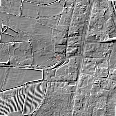 Shaded relief map of the ground around GL560BG, computed from Environment Agency LiDAR. The ground here sits at about 128 m above sea level and falls 7 m across the surrounding 800 m. Surface water reaching this point runs off ground lying to the west-north-west, 5.8 m higher.