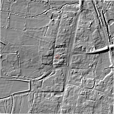 Shaded relief map of the ground around GL560BQ, computed from Environment Agency LiDAR. The ground here sits at about 128 m above sea level and falls 8 m across the surrounding 800 m. Surface water reaching this point runs off ground lying to the west-north-west, 1.9 m higher.