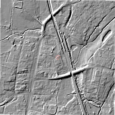Shaded relief map of the ground around GL560DE, computed from Environment Agency LiDAR. The ground here sits at about 128 m above sea level and falls 10 m across the surrounding 800 m. Surface water reaching this point runs off ground lying to the north-west, 1.2 m higher.