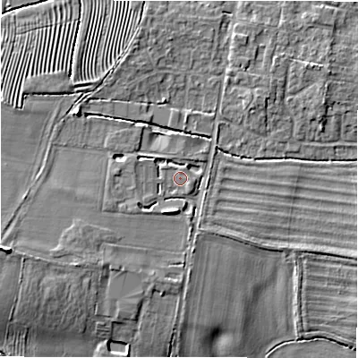 Shaded relief map of the ground around GL560DS, computed from Environment Agency LiDAR. The ground here sits at about 128 m above sea level and falls 10 m across the surrounding 800 m. Surface water reaching this point runs off ground lying to the west-south-west, 1.7 m higher.